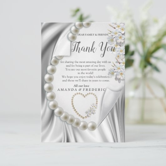 Ivoor, groen, blauw, gouden zijde en parelsDank u  RSVP Kaartje (Staand voorkant)