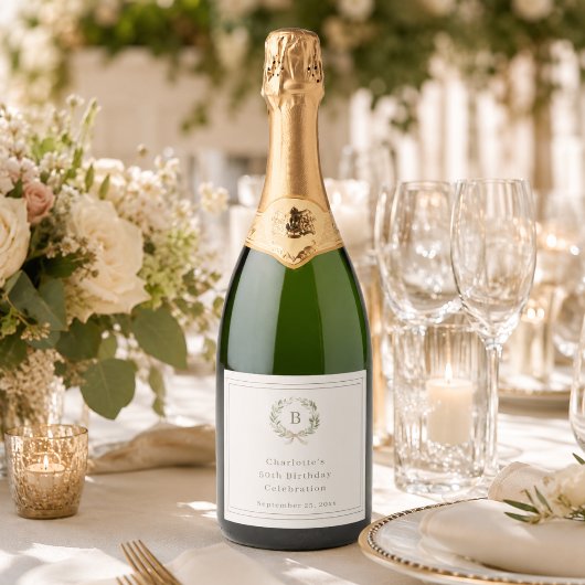 Ivoor groene monogram krans verjaardag sparkling wijnetiket