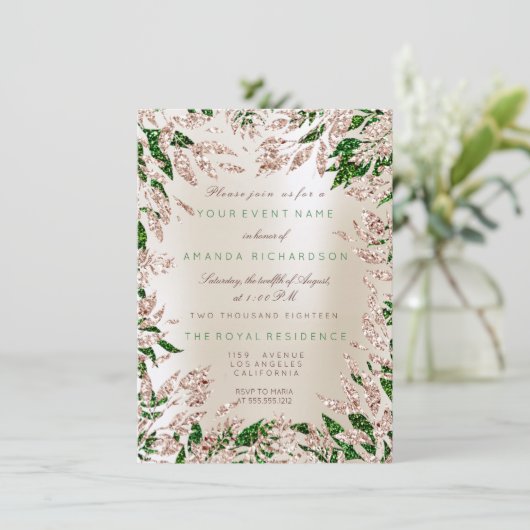 Ivoor Groene Roze Gouden Glitter Bladeren Bloem Ka Kaart (Staand voorkant)