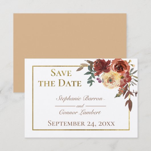 Ivoor Herfst Bloemen Boeket met Gouden Bruiloft Save The Date (Voorkant / Achterkant)