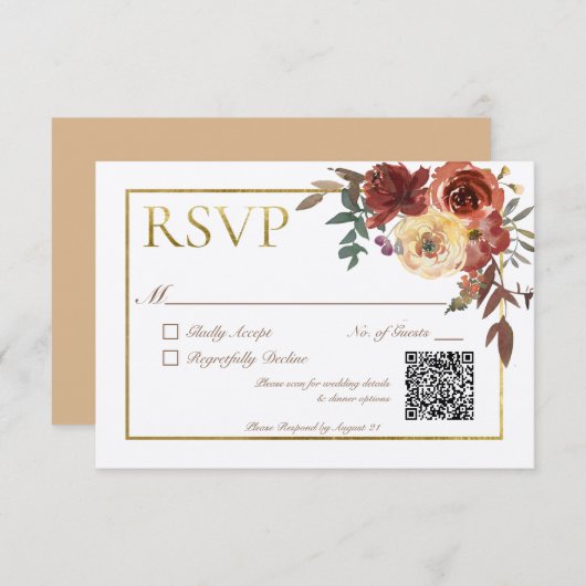 Ivoor Herfst Bloemen Boeket met Gouden QR Code RSVP Kaartje (Voorkant / Achterkant)