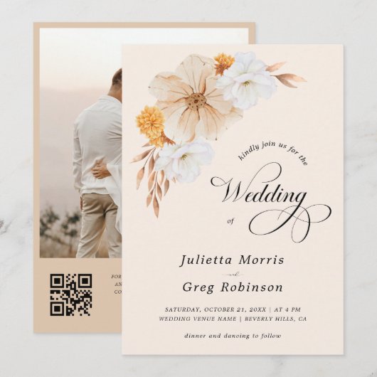 Ivoor Herfst Floral Elegant QR Code Foto Bruiloft Kaart (Voorkant / Achterkant)