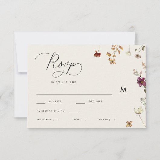 Ivoor Herfst Wildbloemen Kalligrafie Herfstbruilof RSVP Kaartje (Voorkant)