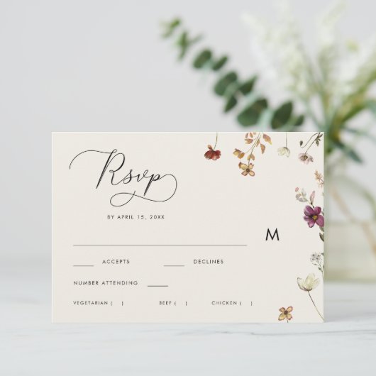Ivoor Herfst Wildbloemen Kalligrafie Herfstbruilof RSVP Kaartje (Staand voorkant)