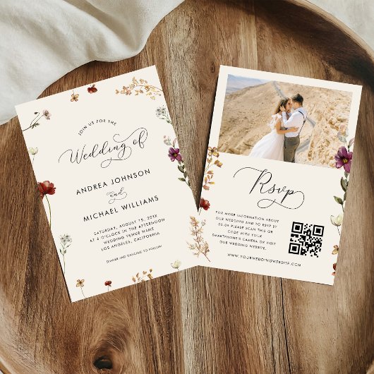 Ivoor Herfst Wildbloemen QR code herfst bruiloft v Kaart