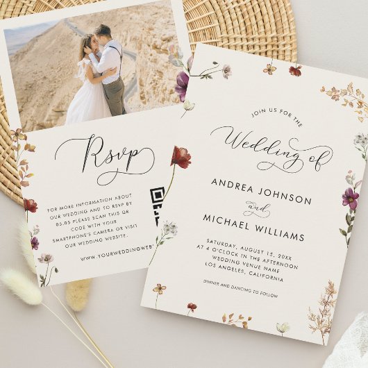 Ivoor Herfst Wildbloemen QR code herfst bruiloft v Kaart