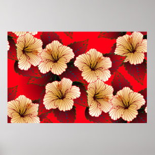 ivoor hibiscus bloemen naadloos patroon op rood poster