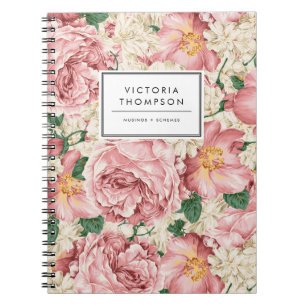 Ivoor Hortensia's en Roze Tuinrozen Bloemstuk Notitieboek