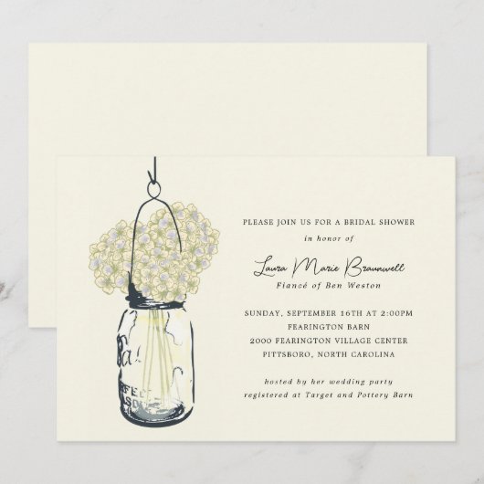 Ivoor Hydrangea & Mason Jar Vrijgezellenfeest Kaart (Voorkant / Achterkant)