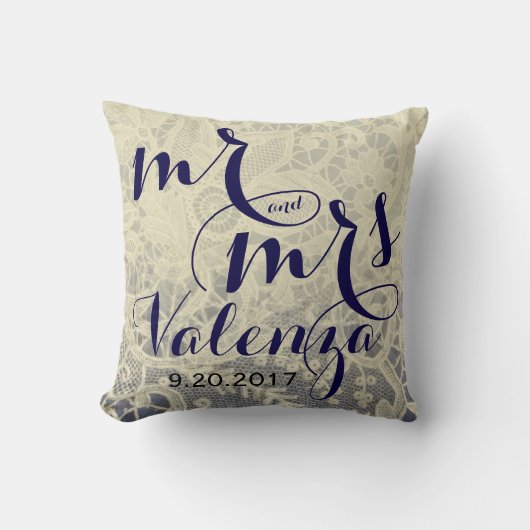 Ivoor Kant Blauw Tweetonige Bruiloft Pas getrouwd  Kussen (Voorkant)