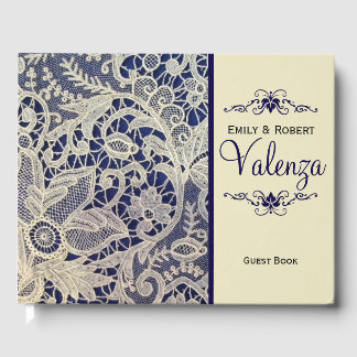 Ivoor Kant Marine Blauw Elegant Bruiloft | Gastenb Gastenboek