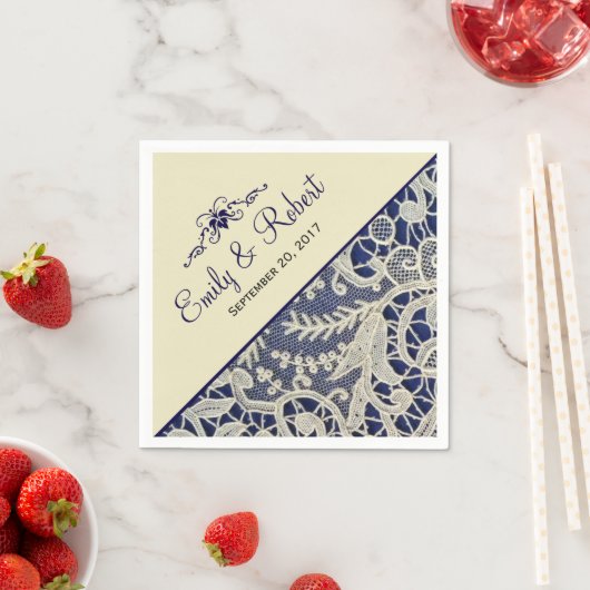 Ivoor Kant Marine Blauw Elegant Formele Bruiloft Servet (Insitu)