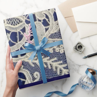 Ivoor Kant Marine Blauw Elegant Two Tone Bruiloft Cadeaupapier