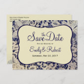 Ivoor Kant Marine Blauw Formele Bruiloft Save the  Aankondigingskaart (Voorkant / Achterkant)