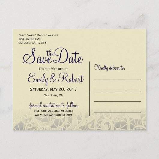 Ivoor Kant Marine Blauw Formele Bruiloft Save the  Aankondigingskaart (Achterkant)