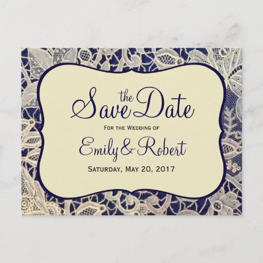 Ivoor Kant Marine Blauw Formele Bruiloft Save the  Aankondigingskaart (Voorkant)