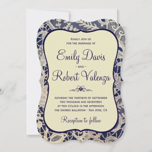 Ivoor Kant Royal Navy Blauw Modern Formeel Bruilof Kaart (Voorkant)