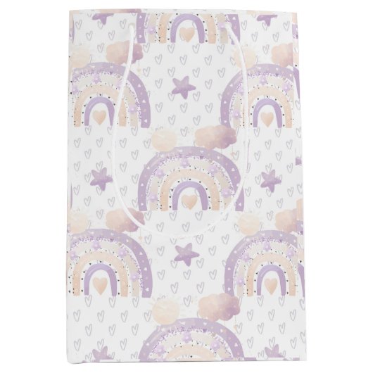 Ivoor Lavendel Boho Regenboog Baby Meisje Douche Medium Cadeauzakje (Voorkant)