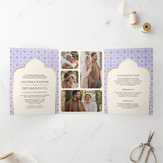 Ivoor Lavendel Patroon Alles in een Indiase bruilo Drieluik Uitnodiging (Binnen)