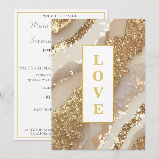 *~ Ivoor LIEFDE AR66 QR + RSVP Agaat Bruiloft Kaart (Voorkant / Achterkant)