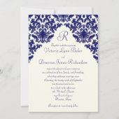 Ivoor Linnen en Navy Damask Monogrammed Invite Kaart (Voorkant)