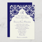 Ivoor Linnen en Navy Damask Monogrammed Invite Kaart (Voorkant / Achterkant)