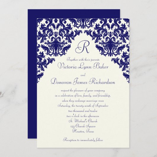 Ivoor Linnen en Navy Damask Monogrammed Invite Kaart (Voorkant / Achterkant)