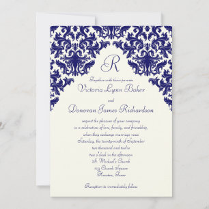Ivoor Linnen en Navy Damask Monogrammed Invite Kaart