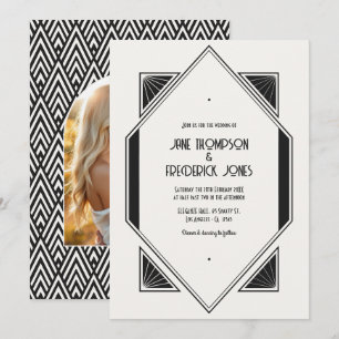 Ivoor Linnen & Jet Zwarte Art Deco Huwelijksfoto Kaart