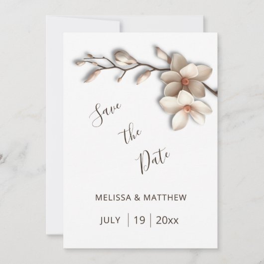 Ivoor Magnolia 3D Bloemen Save The Date (Voorkant)