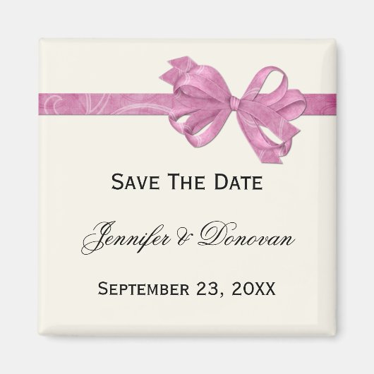 Ivoor met roze lintboog Save The Date Magnet (Voorkant)
