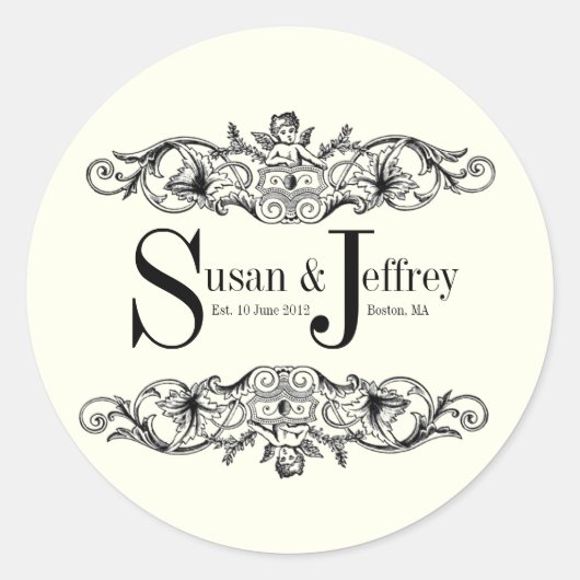Ivoor Monogram Logo Namen Datum Bruiloft Label (Voorkant)