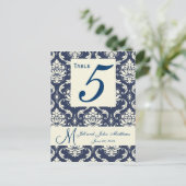 Ivoor Navy Damask Trouwtafel Nummer Briefkaart (Staand voorkant)