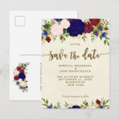 Ivoor Navy Florial Wedding Save the Date briefkaar Aankondigingskaart (Voorkant / Achterkant)