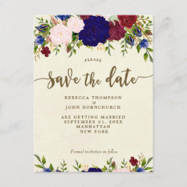 Ivoor Navy Florial Wedding Save the Date briefkaar Aankondigingskaart