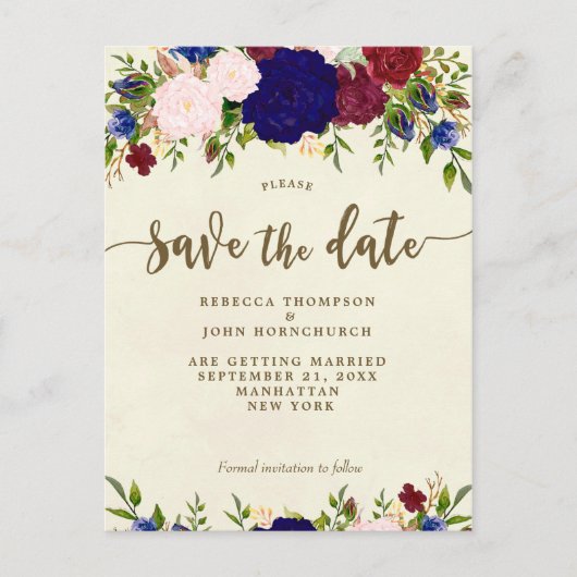 Ivoor Navy Florial Wedding Save the Date briefkaar Aankondigingskaart (Voorkant)