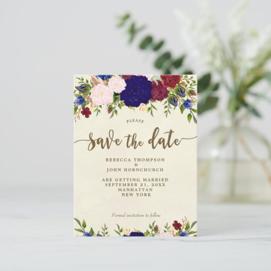 Ivoor Navy Florial Wedding Save the Date briefkaar Aankondigingskaart (Staand voorkant)