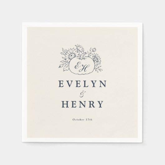 Ivoor Navy Monogram Bruiloft Servetten (Voorkant)