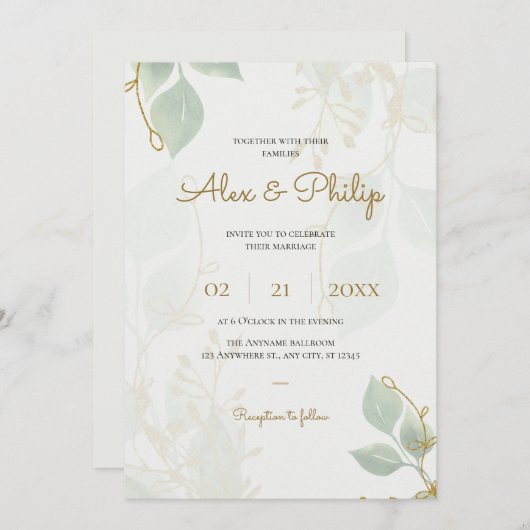Ivoor olijf Groen en Goud Elegant Bloemen Bruiloft Kaart (Voorkant / Achterkant)