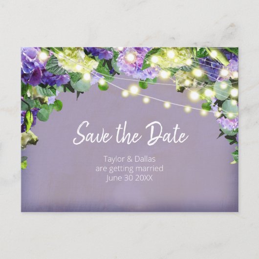 Ivoor & Paarse Hydrangea | Paarse Save the Date Briefkaart (Voorkant)