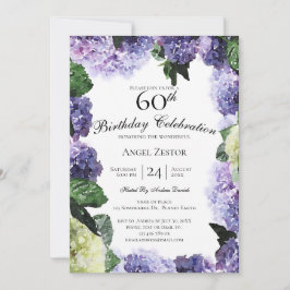 Ivoor & Paarse Hydrangea's | Witte 60e Verjaardag Kaart