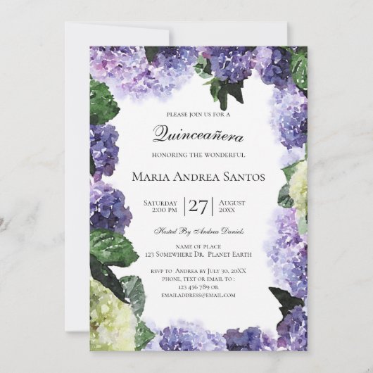 Ivoor & Paarse Hydrangea's | Witte Quinceañera Kaart (Voorkant)