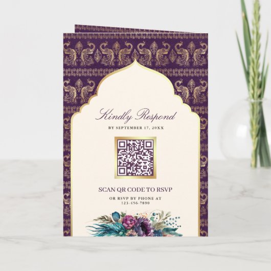 Ivoor Paarse Peacock Patroon Bloemen Indische brui (Achterkant)