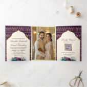 Ivoor Paarse Peacock Patroon Bloemen Indische brui Drieluik Uitnodiging (Binnen)