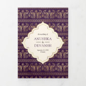 Ivoor Paarse Peacock Patroon Bloemen Indische brui Drieluik Uitnodiging (Cover)