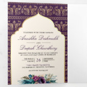 Ivoor Paarse Peacock Patroon Bloemen Indische brui Drieluik Uitnodiging (Binnenzijde eerst)