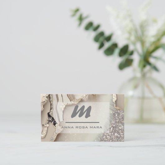 *~* Ivoor QR Agaat Glam Luxe Glitter Initiaal AP66 Visitekaartje (Staand voorkant)