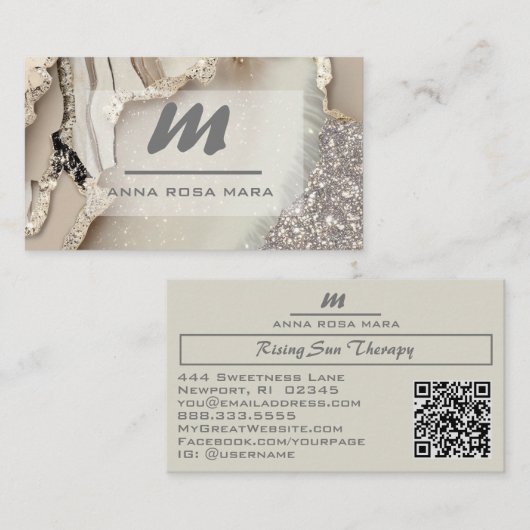 *~* Ivoor QR Agaat Glam Luxe Glitter Initiaal AP66 Visitekaartje (Voorkant / Achterkant)