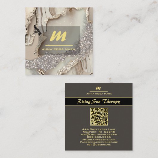 *~* Ivoor QR Agaat Mauve Goud Glitter Initiaal AP6 Vierkante Visitekaartje (Voorkant / Achterkant)