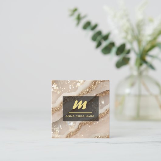 *~* Ivoor QR Agaat Zwart Goud Glitter Initiaal AP6 Vierkante Visitekaartje (Staand voorkant)